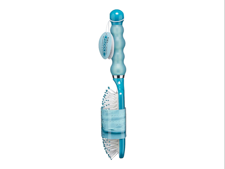 Cepillo de pelo de pala Scunci en color azul con cerdas blancas y mango ergonómico Gel Grips.