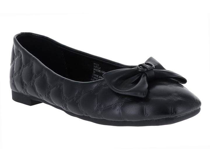 Zapato plano color negro para mujer con textura acolchada y detalle de moño en la parte frontal.