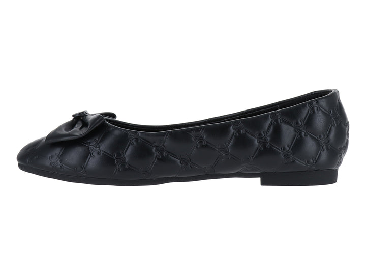 Zapato plano color negro para mujer con textura acolchada y detalle de moño en la parte frontal.