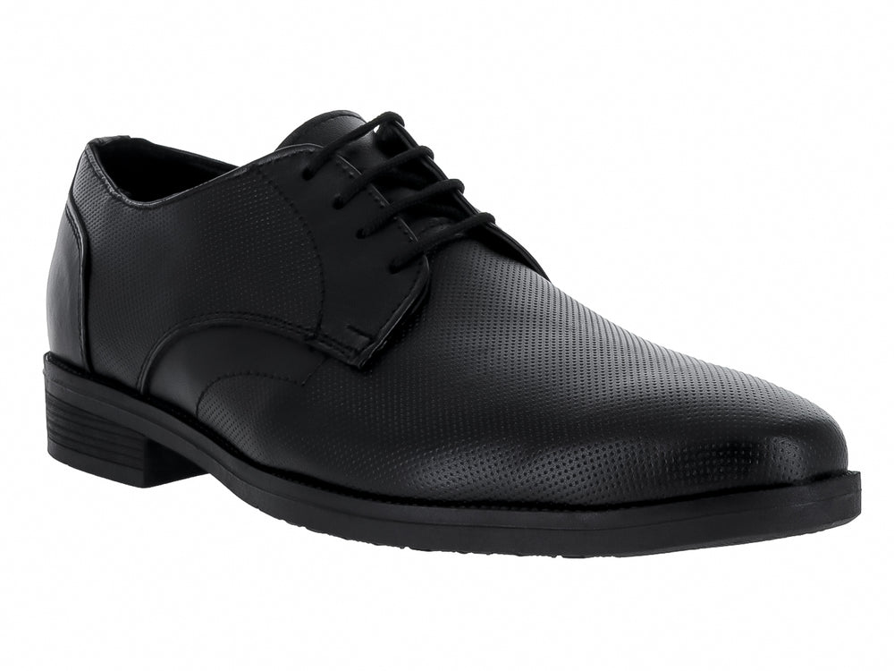 Zapato formal negro para hombre con cordones y textura sutil en la superficie.