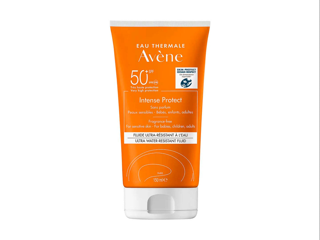 Tubo de protector solar Avène Intense Protect SPF 50+ de color naranja con tapa blanca, contenido 150 ml.