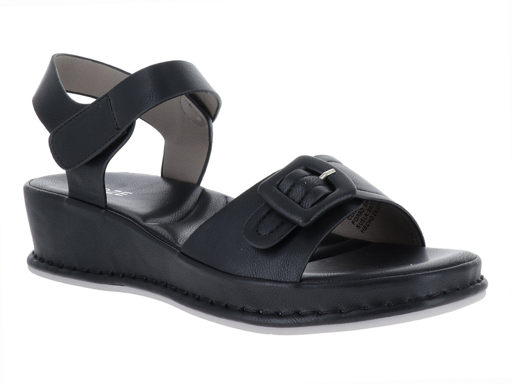 Sandalia de plataforma color negro con correa ajustable y hebilla para mujer.