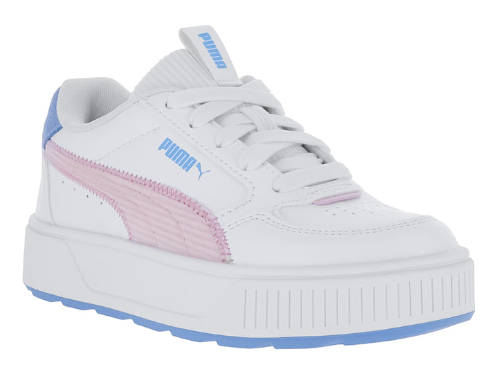 Tenis PUMA blancos con franja rosa de pana y suela azul de plataforma.