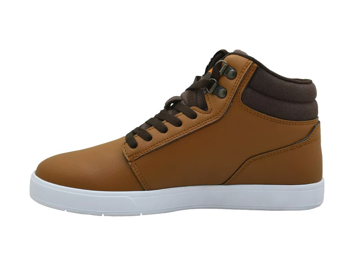 Tenis botín DC Shoes color marrón con suela blanca y cuello oscuro.