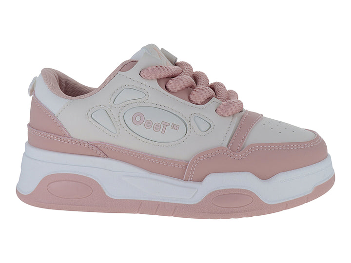 Tenis deportivos de plataforma en colores rosa y blanco con cordones rosas para niña.
