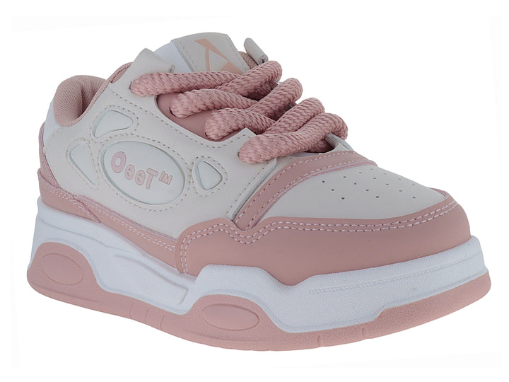 Tenis deportivos de plataforma en colores rosa y blanco con cordones rosas para niña.