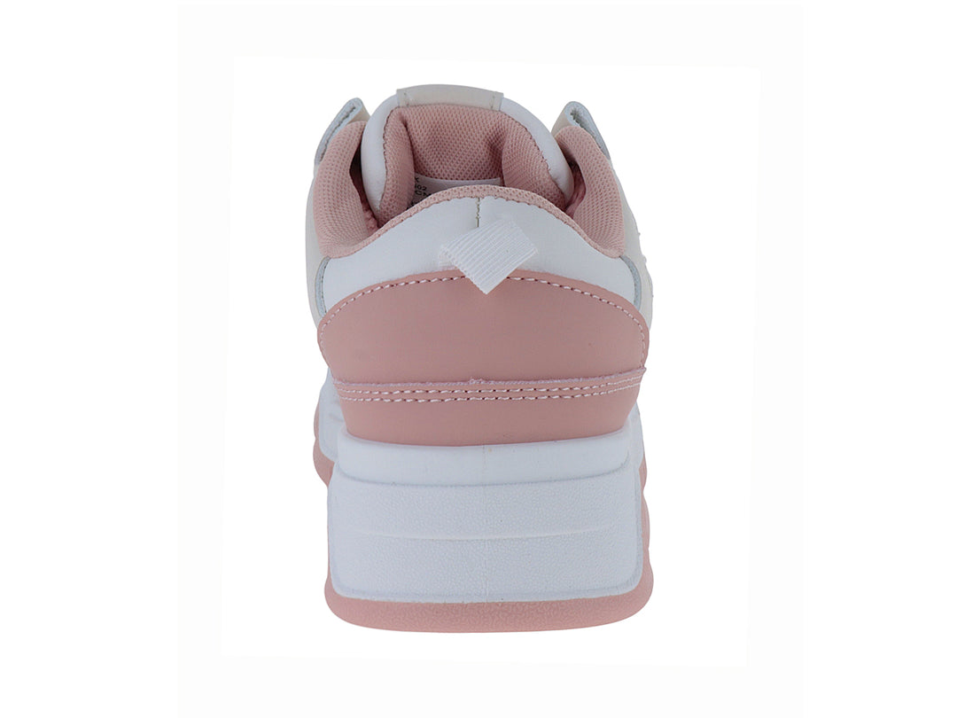 Tenis deportivos de plataforma en colores rosa y blanco con cordones rosas para niña.