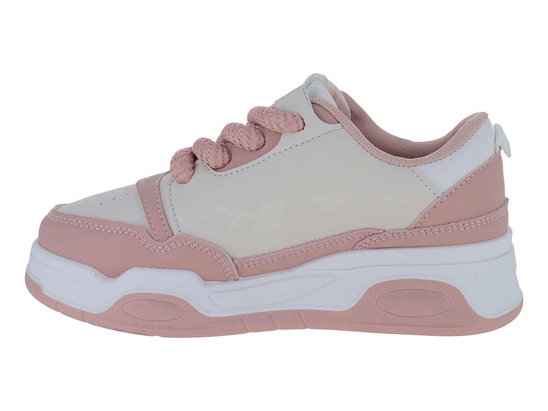 Tenis deportivos de plataforma en colores rosa y blanco con cordones rosas para niña.