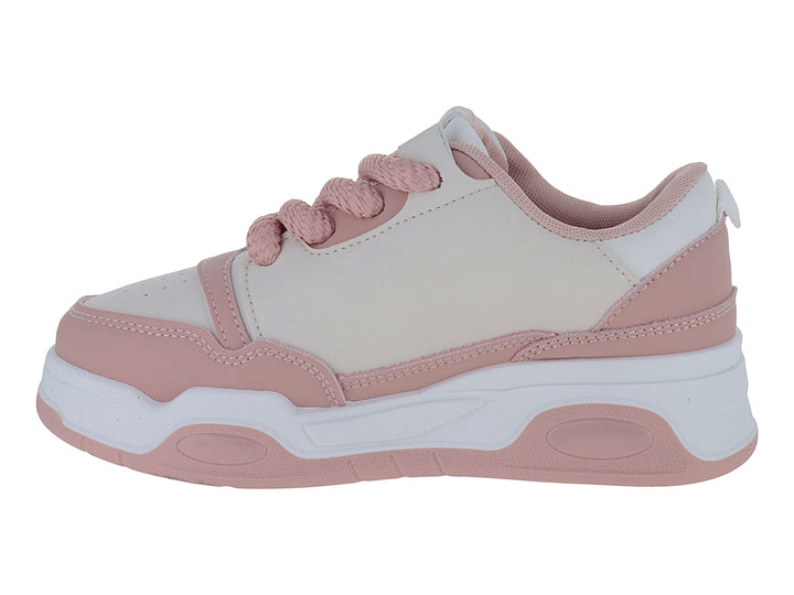 Tenis deportivos de plataforma en colores rosa y blanco con cordones rosas para niña.
