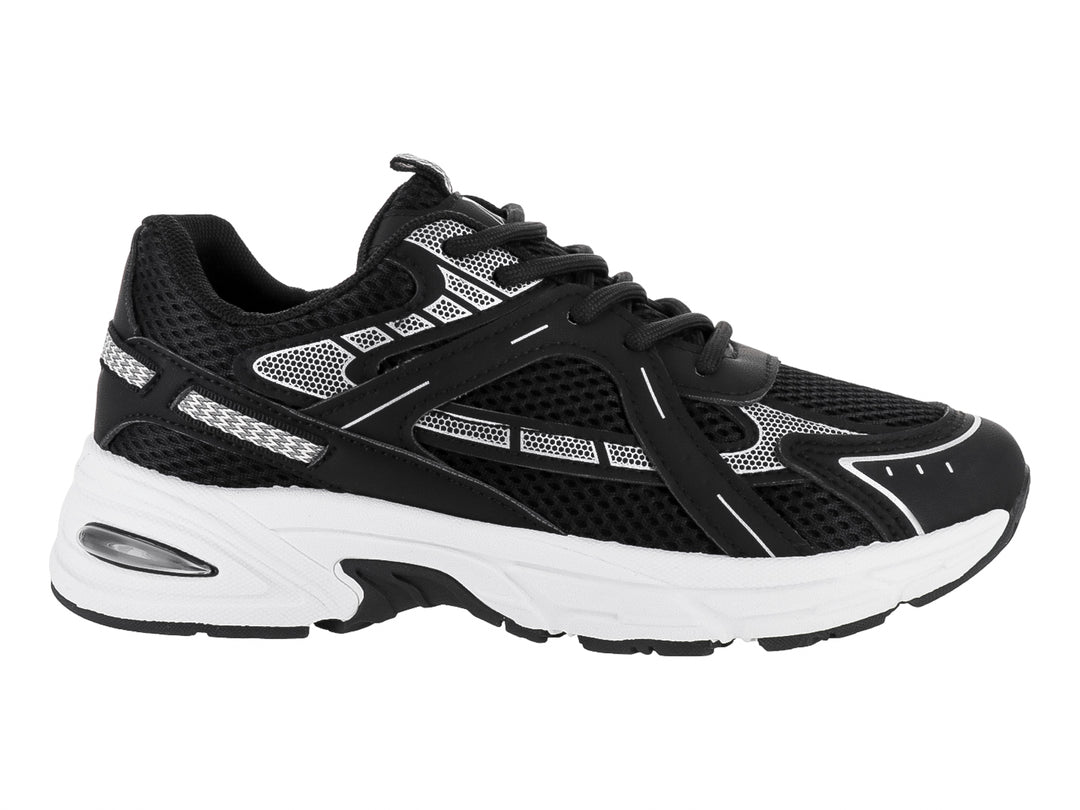 Tenis deportivos ATOK en color negro con detalles en gris y suela blanca gruesa.