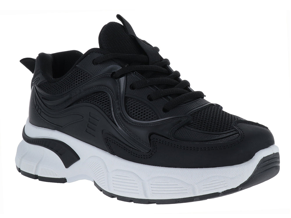 Tenis deportivos ATOK en color negro con suela blanca gruesa y detalles sintéticos.
