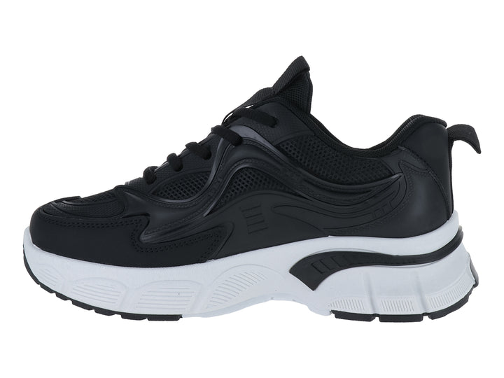 Tenis deportivos ATOK en color negro con suela blanca gruesa y detalles sintéticos.