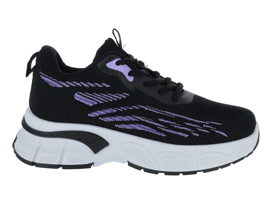 Tenis deportivos ATOK color negro con detalles en morado y suela blanca gruesa.