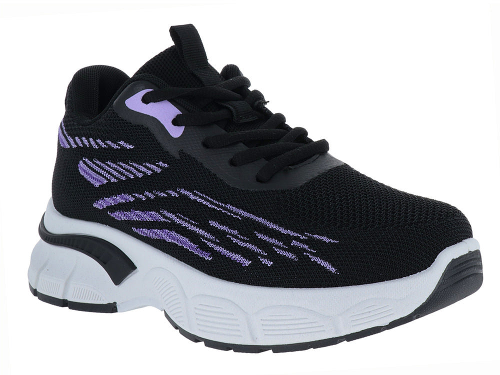 Tenis deportivos ATOK color negro con detalles en morado y suela blanca gruesa.