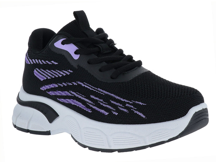 Tenis deportivos ATOK color negro con detalles en morado y suela blanca gruesa.