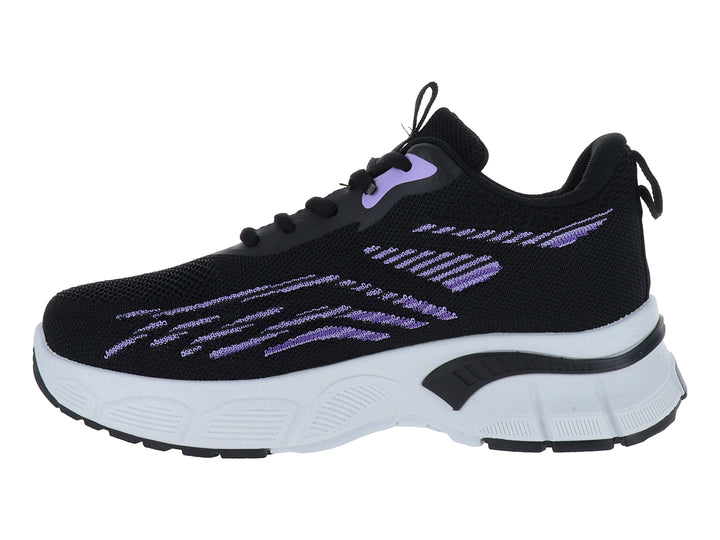Tenis deportivos ATOK color negro con detalles en morado y suela blanca gruesa.
