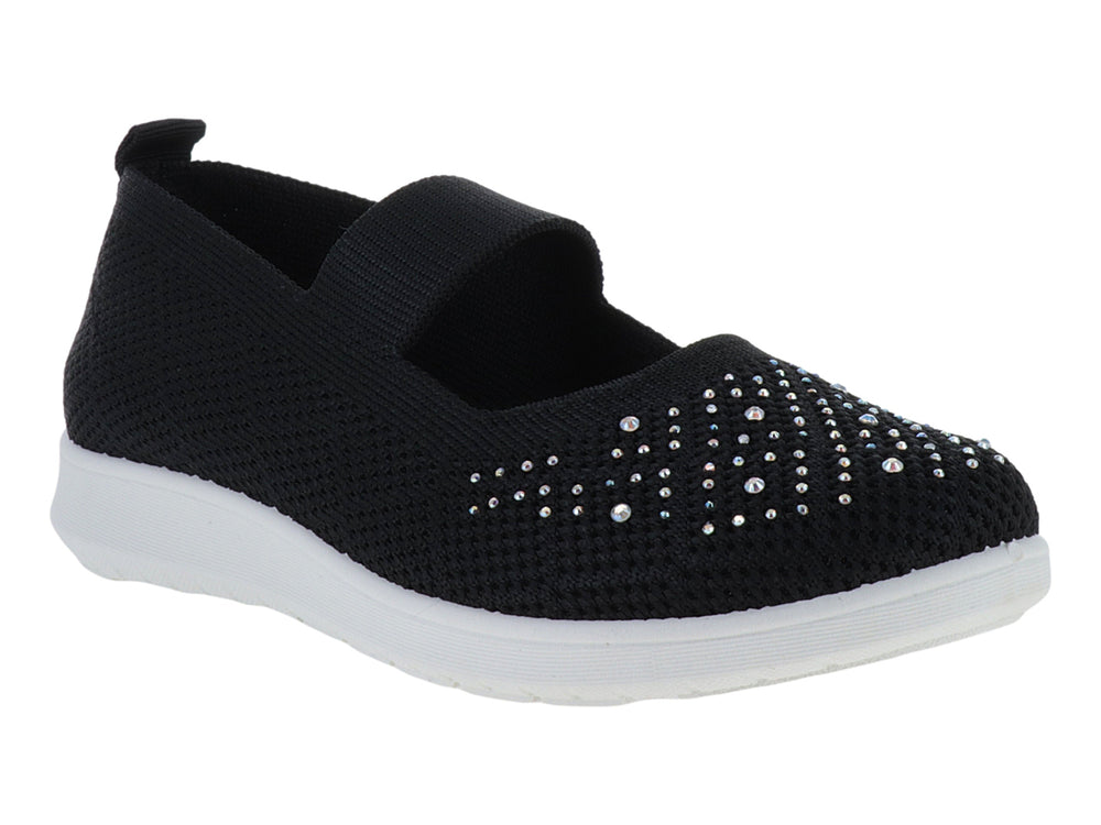 Zapato deportivo infantil negro de tela con detalles brillantes en la punta y suela blanca.