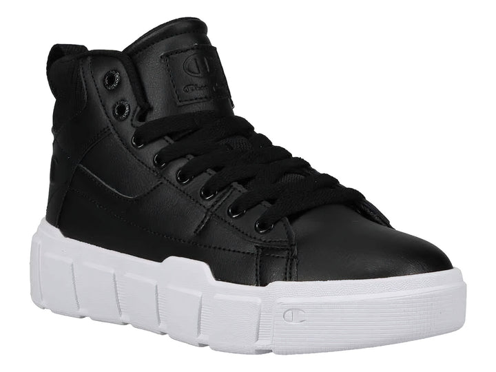 Tenis Champion de bota color negro con suela blanca ancha y plataforma.