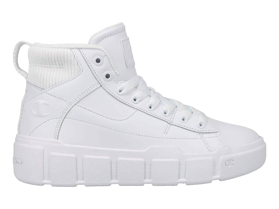 Tenis Champion color blanco, estilo bota alta con suela ancha y plataforma, diseño deportivo casual.