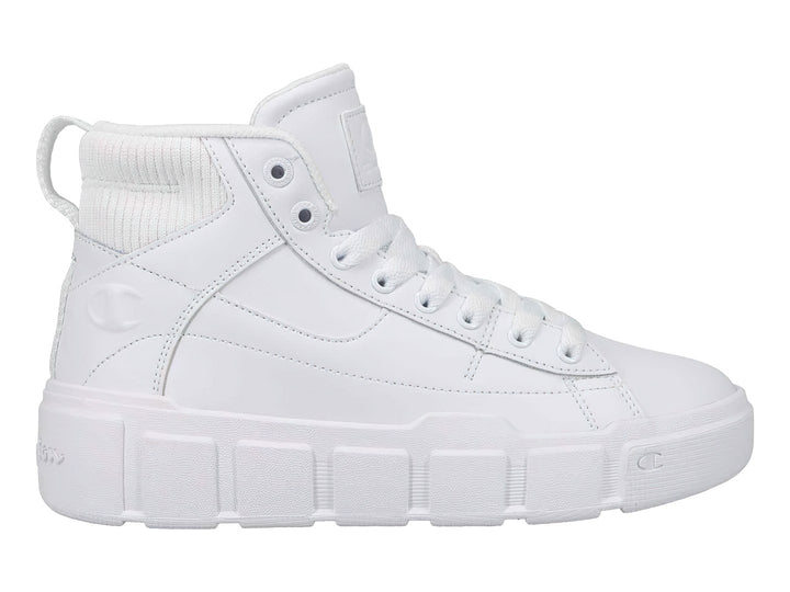 Tenis Champion color blanco, estilo bota alta con suela ancha y plataforma, diseño deportivo casual.