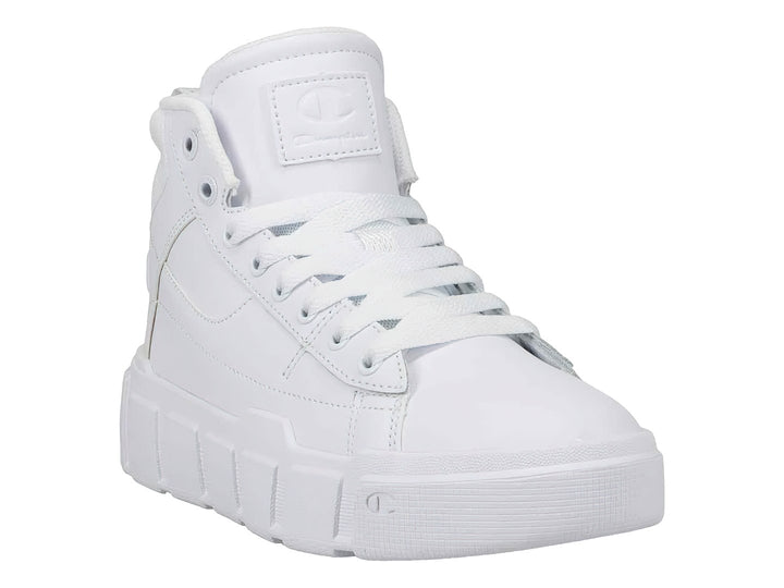 Tenis Champion color blanco, estilo bota alta con suela ancha y plataforma, diseño deportivo casual.