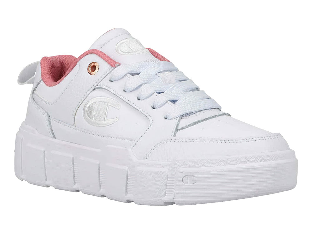 Tenis blancos de plataforma marca Champion con detalles en rosa en el cuello y suela ancha.