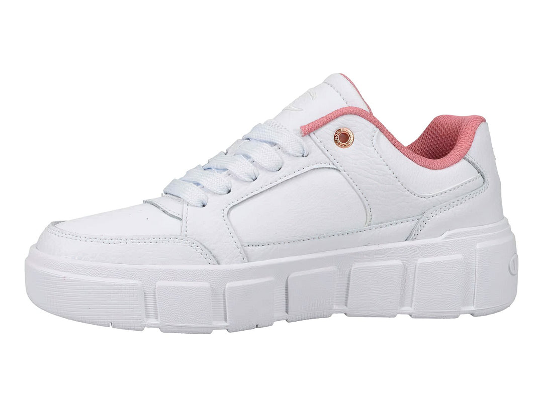 Tenis blancos de plataforma marca Champion con detalles en rosa en el cuello y suela ancha.