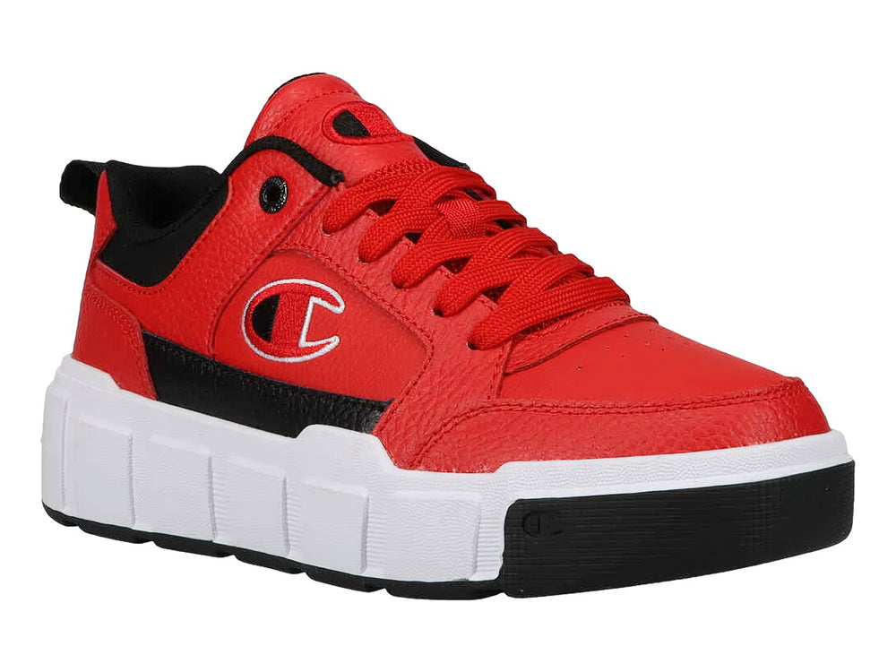 Tenis deportivos Champion color rojo con suela blanca y detalles en negro.