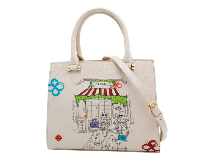 Bolso beige de Jaime Ibiza con asa y correa, decorado con un dibujo artístico colorido en el frente.