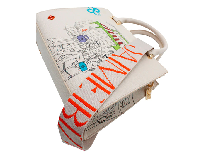 Bolso beige de Jaime Ibiza con asa y correa, decorado con un dibujo artístico colorido en el frente.
