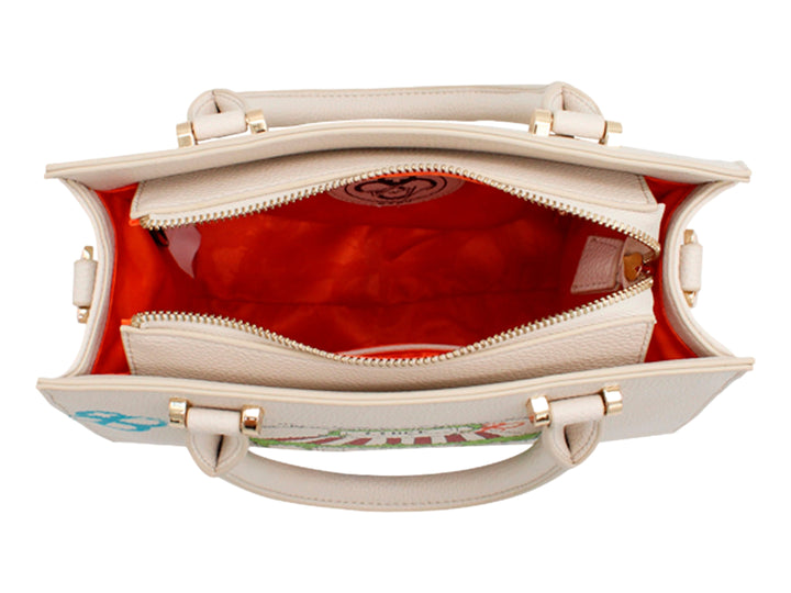 Bolso beige de Jaime Ibiza con asa y correa, decorado con un dibujo artístico colorido en el frente.