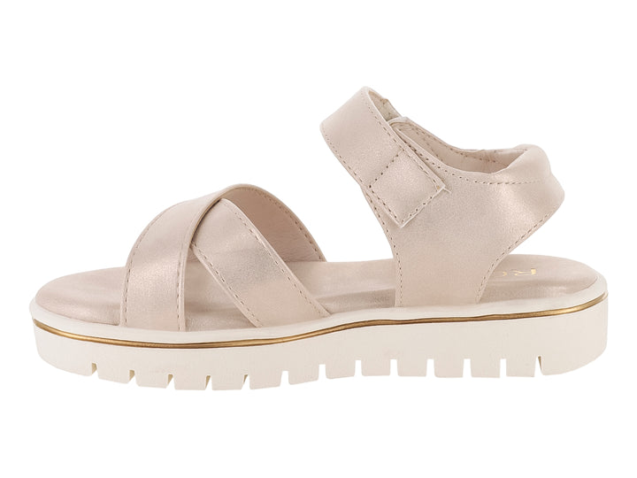 Sandalia para niña en color dorado con suela blanca de plataforma y tiras cruzadas.
