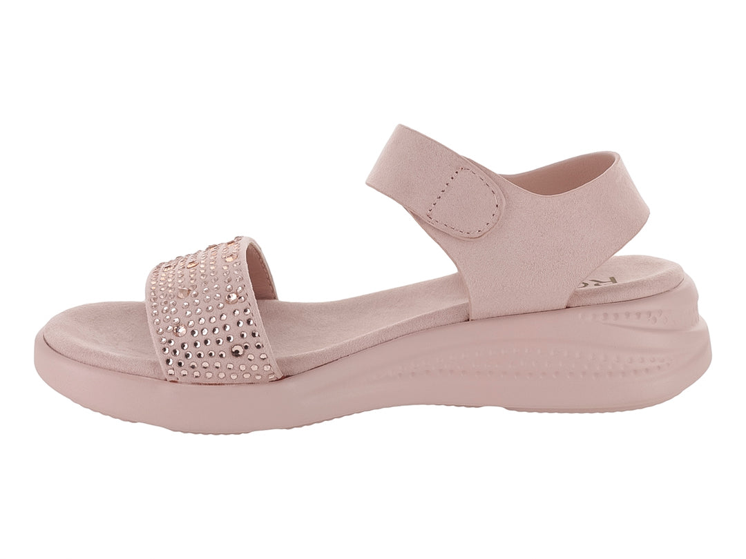 Sandalia rosa para niña con plataforma y correa ajustable, decorada con brillantes en la parte frontal.