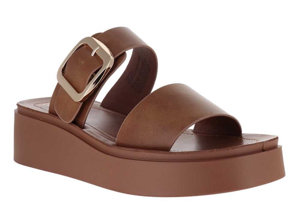 Sandalias de plataforma color camel con hebilla dorada y suela ancha para mujer.