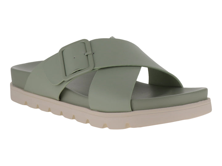 Sandalia ROZE color verde claro con suela blanca y correa ancha con hebilla decorativa.