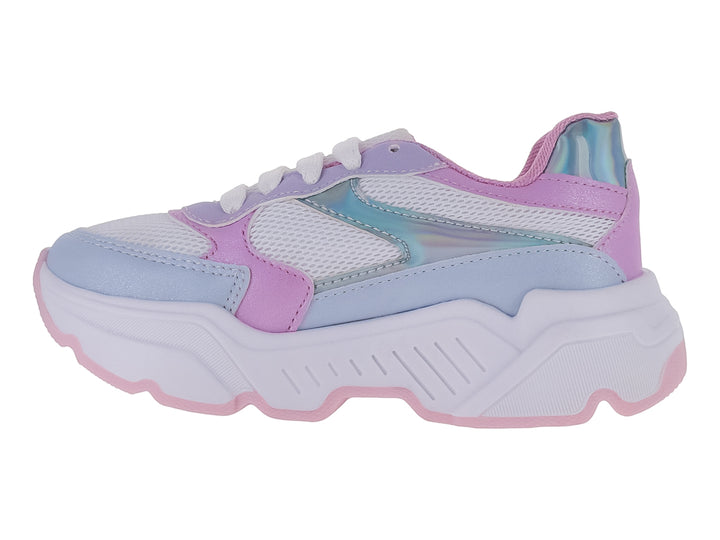 Tenis deportivos infantiles en colores blanco y rosa con detalles iridiscentes y suela gruesa.