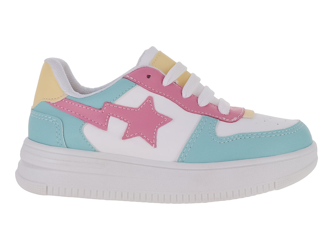 Tenis de plataforma para Niña en color blanco con detalles en azul, rosa y amarillo y una estrella rosa lateral.