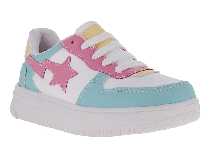 Tenis de plataforma para Niña en color blanco con detalles en azul, rosa y amarillo y una estrella rosa lateral.