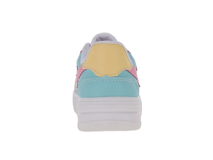 Tenis de plataforma para Niña en color blanco con detalles en azul, rosa y amarillo y una estrella rosa lateral.