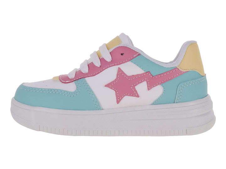 Tenis de plataforma para Niña en color blanco con detalles en azul, rosa y amarillo y una estrella rosa lateral.