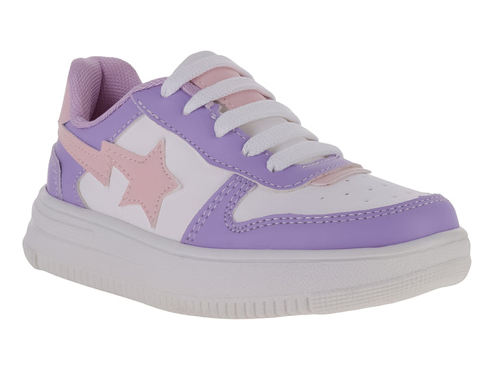 Tenis infantiles color lavanda y blanco con detalle de estrella rosa y suela de plataforma blanca.