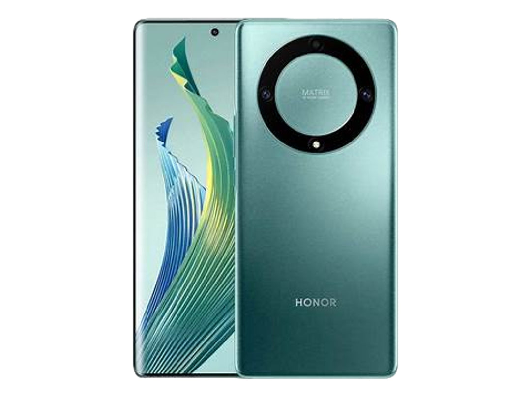 Smartphone HONOR Magic5 Lite en color verde, vista frontal y trasera con módulo de cámara circular.