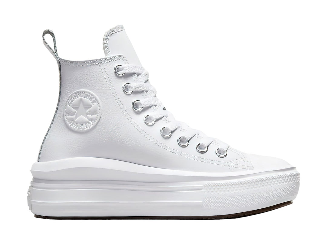 Tenis Converse Chuck Taylor All Star Platform Move de cuero color blanco, bota alta con suela de plataforma.