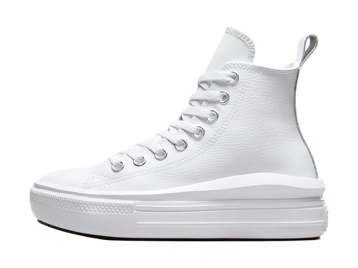 Tenis Converse Chuck Taylor All Star Platform Move de cuero color blanco con suela de plataforma elevada.