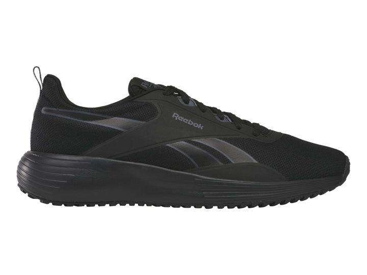 Tenis deportivos Reebok Lite Plus 4 en color negro con detalles en gris y suela negra.