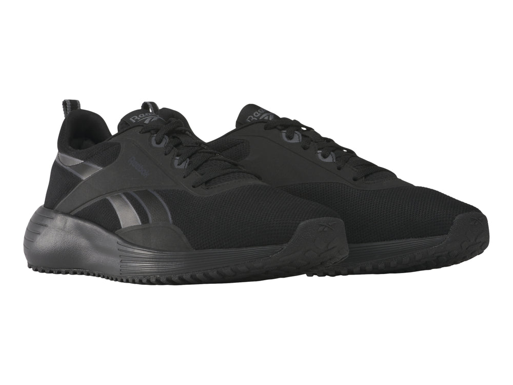 Tenis deportivos Reebok Lite Plus 4 en color negro con detalles en gris y suela negra.