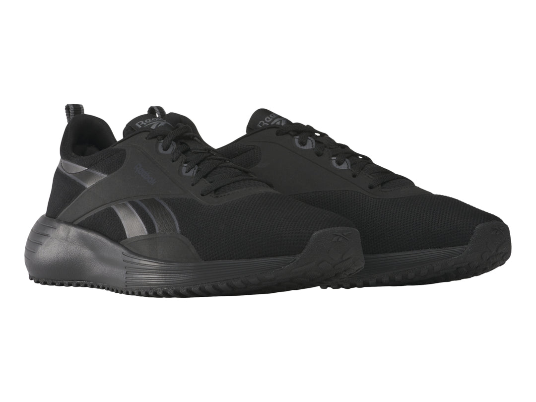 Tenis deportivos Reebok Lite Plus 4 en color negro con detalles en gris y suela negra.