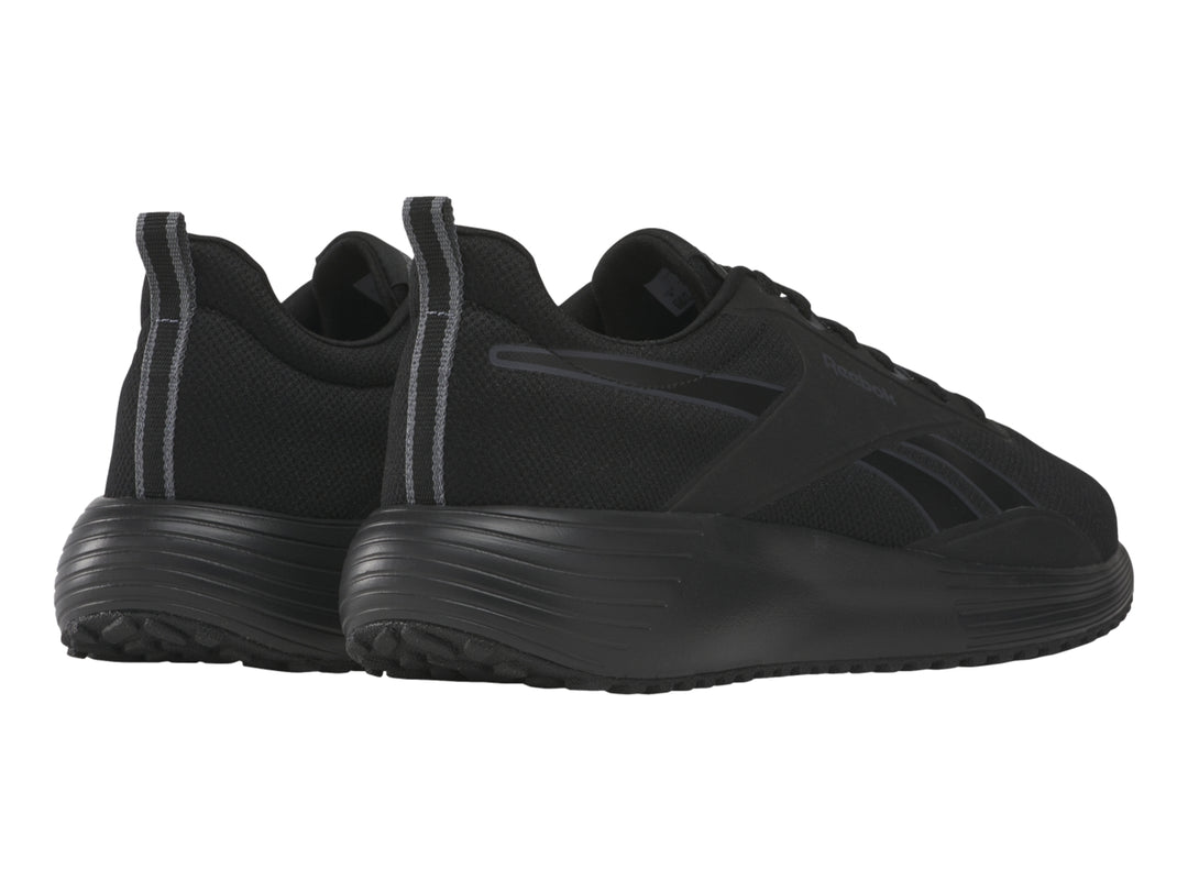 Tenis deportivos Reebok Lite Plus 4 en color negro con detalles en gris y suela negra.