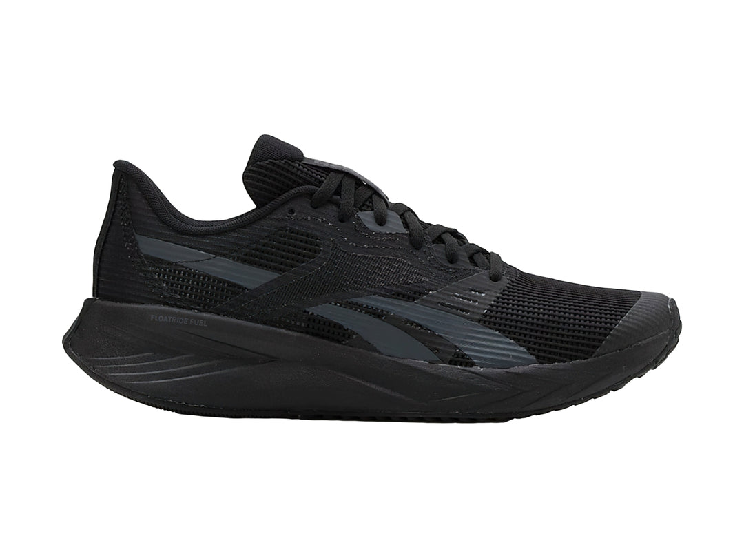Tenis deportivos Reebok color negro con detalles en gris y suela negra.