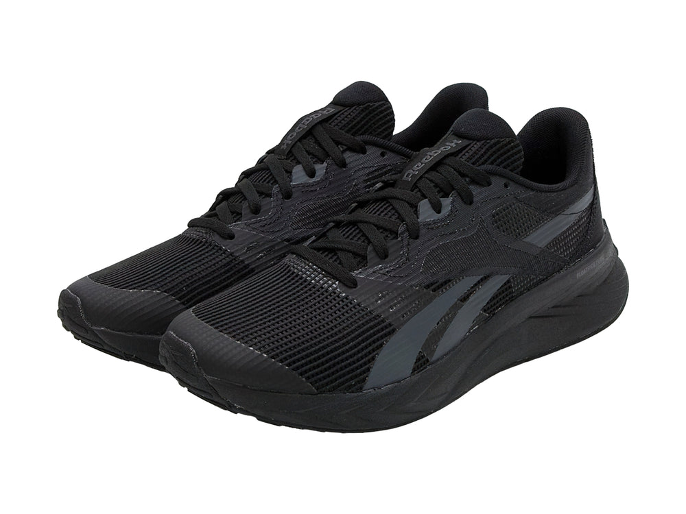 Tenis deportivos Reebok color negro con detalles en gris y suela negra.